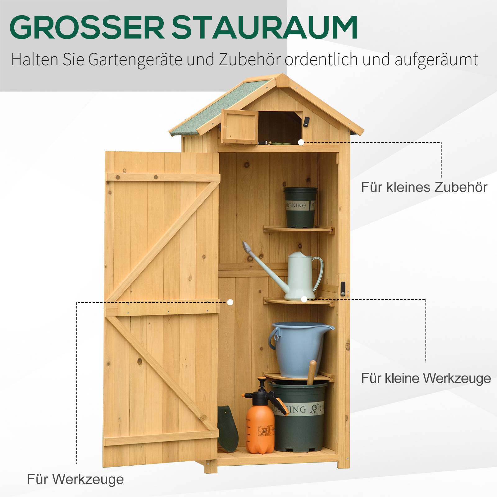 Armoire bois résistante, 77x54,2x179 cm, toit à deux pans, étagères, jaune+vert - Image 6