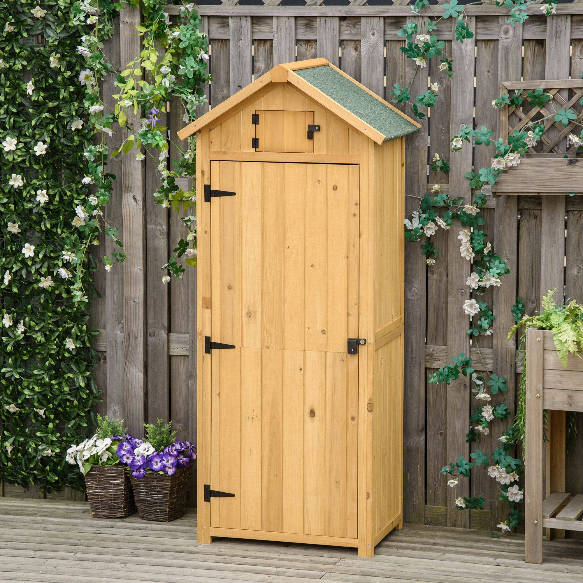 Armoire bois résistante, 77x54,2x179 cm, toit à deux pans, étagères, jaune+vert - Image 3