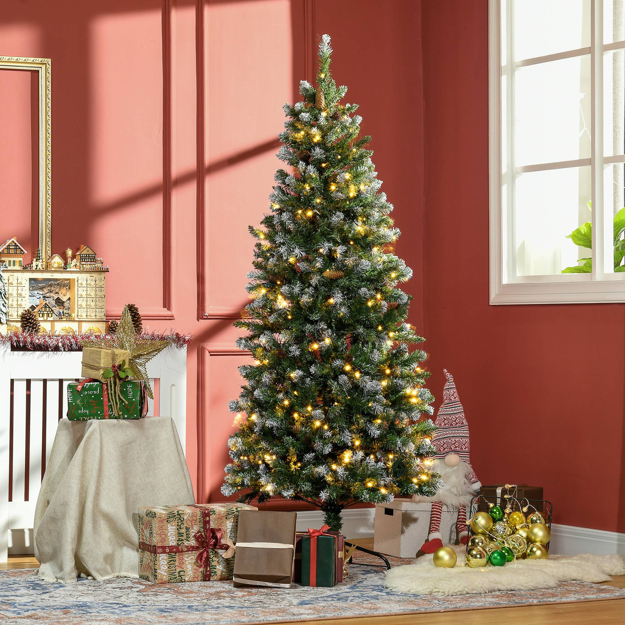 Sapin de Noël artificiel lumineux 703 branches 250 LED 30 pommes de pin support pied pliable hauteur 180 cm Ø 80 vert - Image 3