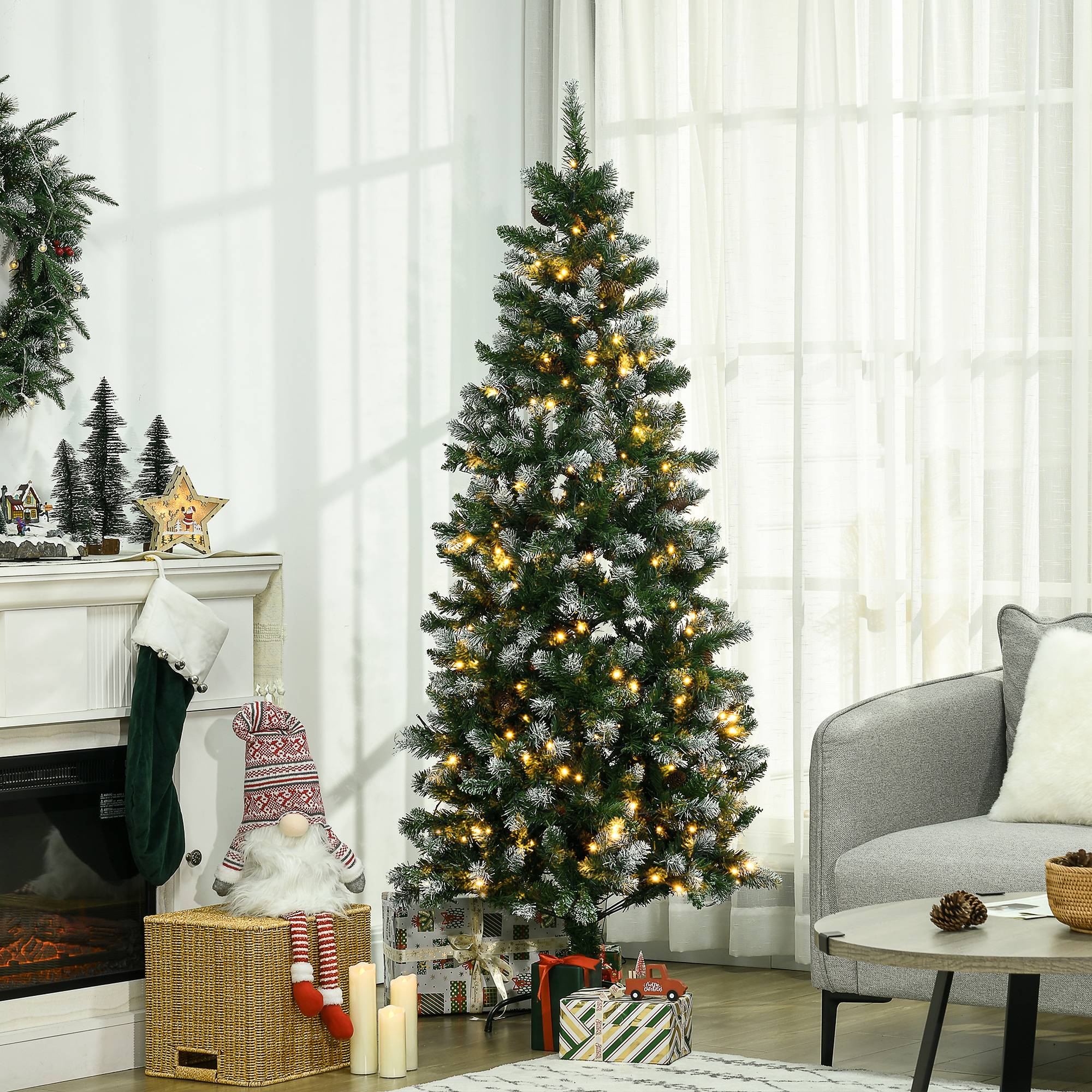 Sapin de Noël artificiel lumineux 703 branches 250 LED 30 pommes de pin support pied pliable hauteur 180 cm Ø 80 vert - Image 4