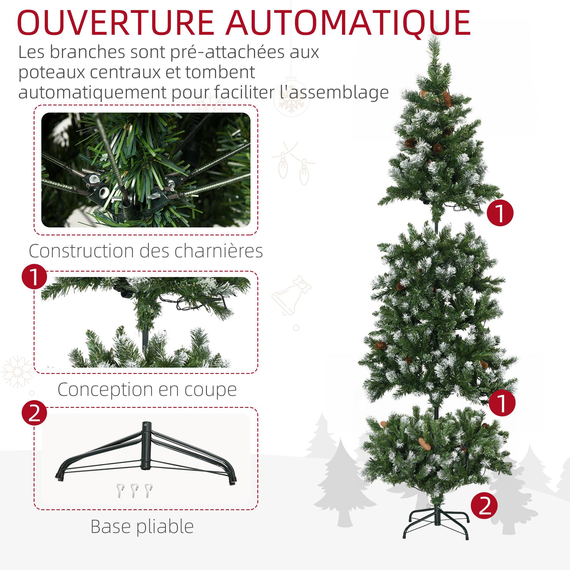 Sapin de Noël artificiel lumineux 703 branches 250 LED 30 pommes de pin support pied pliable hauteur 180 cm Ø 80 vert - Image 10