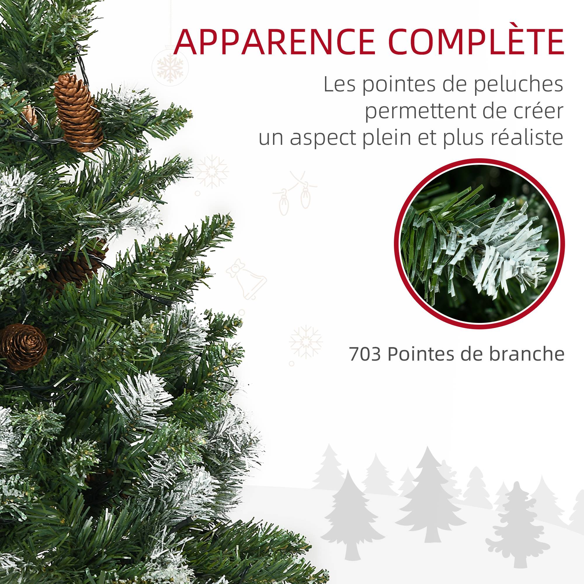 Sapin de Noël artificiel lumineux 703 branches 250 LED 30 pommes de pin support pied pliable hauteur 180 cm Ø 80 vert - Image 7