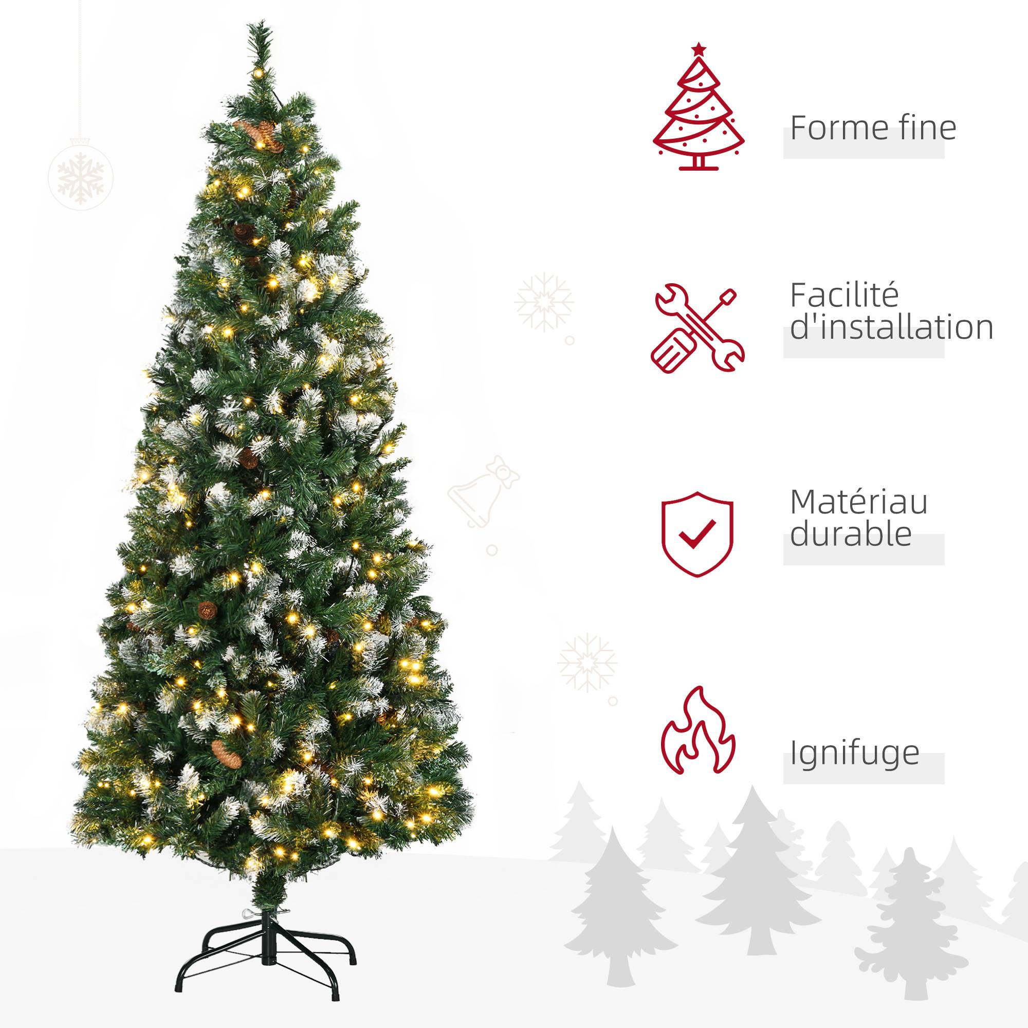 Sapin de Noël artificiel lumineux 703 branches 250 LED 30 pommes de pin support pied pliable hauteur 180 cm Ø 80 vert - Image 6