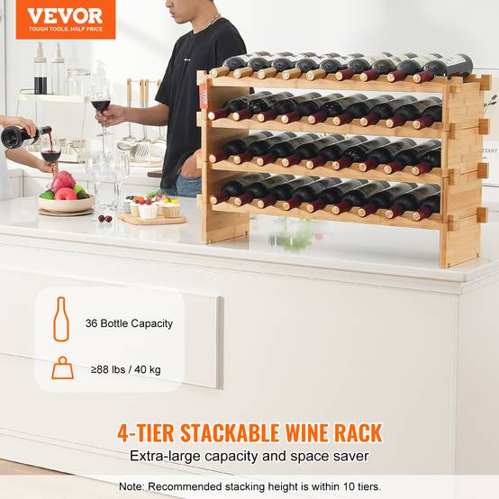 VEVOR Étagère vin modulaire 36 bouteilles, bambou, 4 niveaux. Autoportante, cuisine, bar. - Image 2