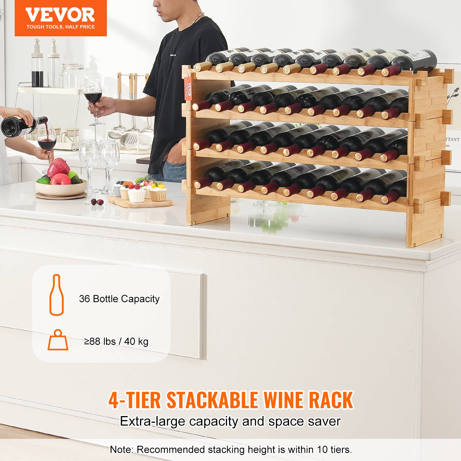 VEVOR Étagère vin modulaire 36 bouteilles, bambou, 4 niveaux. Autoportante, cuisine, bar. - Image 2