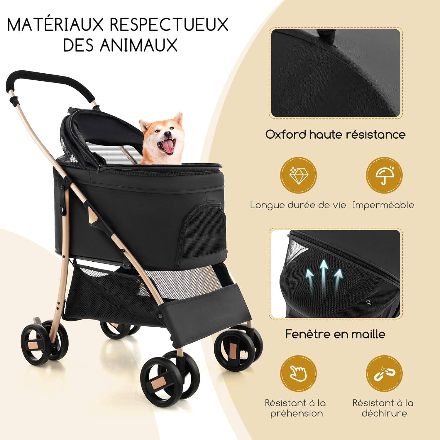Poussette pour Chien Pliable 3 en 1 avec Panier de Rangement Amovible, Charge 15 KG (Noir) - Image 2