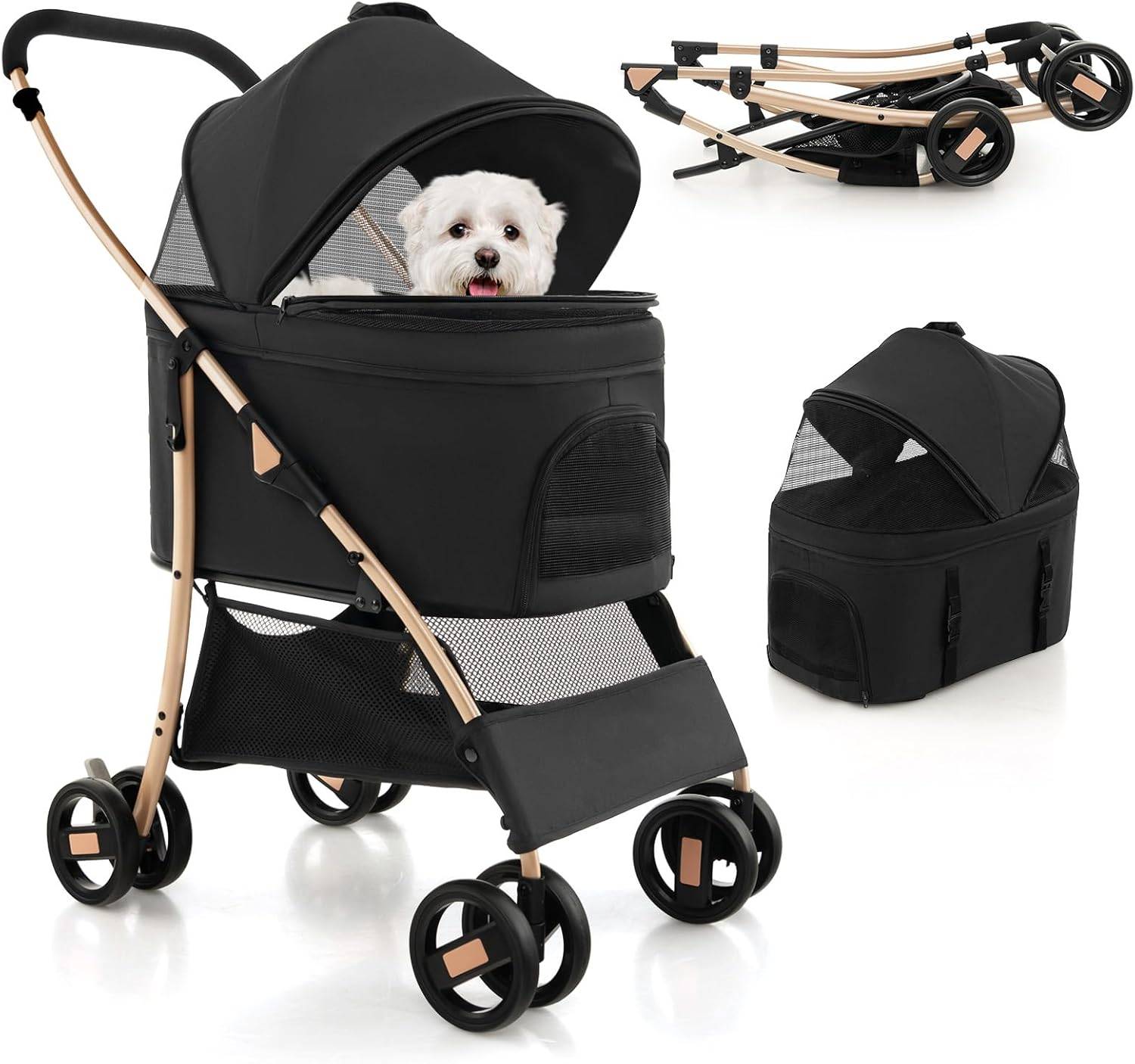 Poussette pour Chien Pliable 3 en 1 avec Panier de Rangement Amovible, Charge 15 KG (Noir) - Image 1