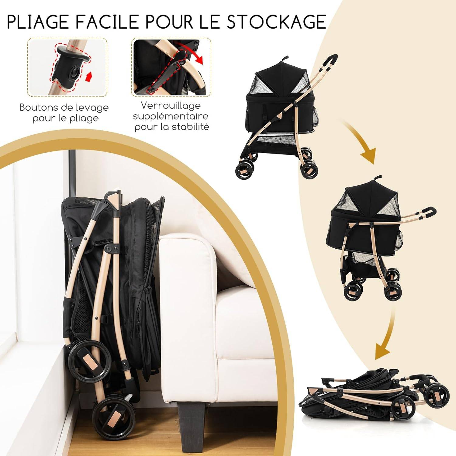 Poussette pour Chien Pliable 3 en 1 avec Panier de Rangement Amovible, Charge 15 KG (Noir) - Image 5