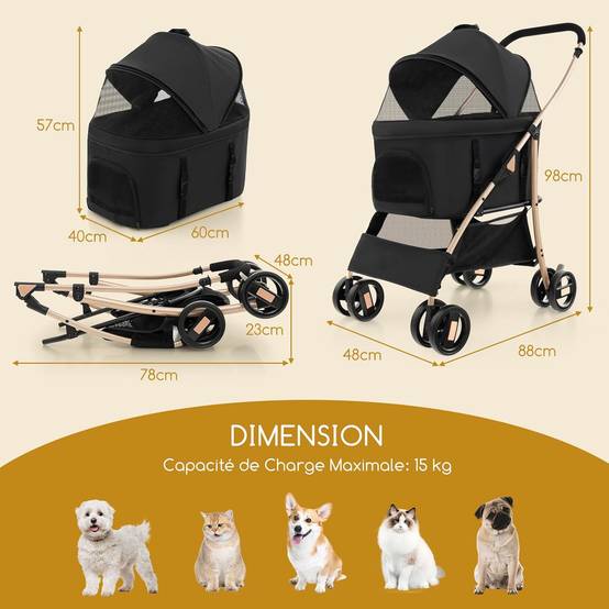 Poussette pour Chien Pliable 3 en 1 avec Panier de Rangement Amovible, Charge 15 KG (Noir) - Image 4