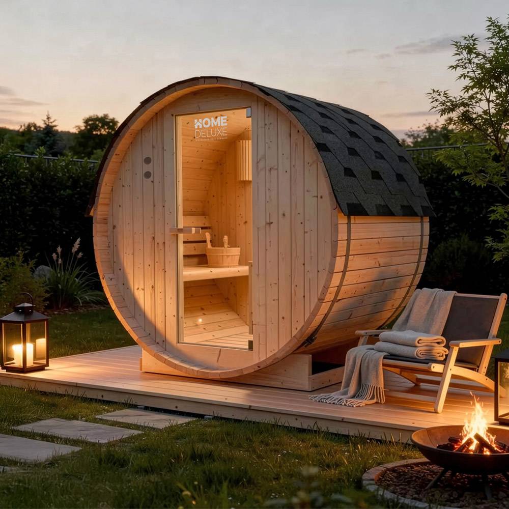 Home Deluxe - HOME DELUXE - Sauna extérieur en tonneau Lahti M - Dimensions : L x P x H : env. 185 cm x 120 cm x 185 cm, bois : épicéa - poêle et accessoires de
