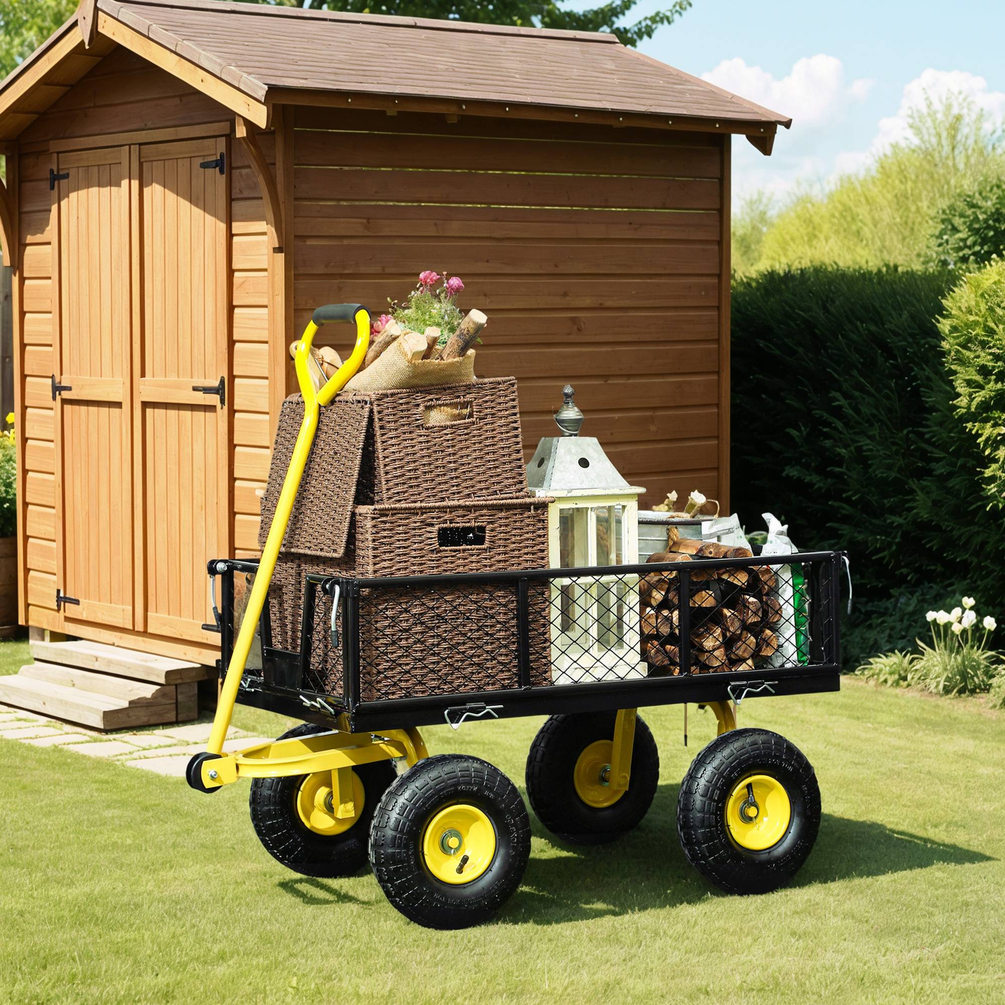 Chariot de jardin acier transport tout-terrain plateau charge 200kg 104x54x51cm - ComfortXL Outdoor Living - Image 9