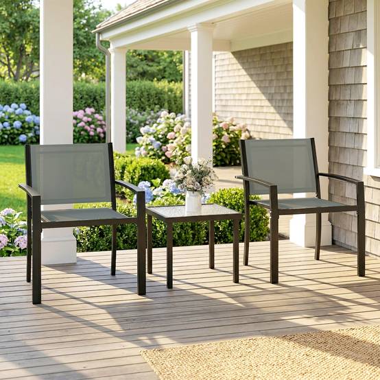 Lot 3pièces gris clair table verre trempé 2 chaises textilène patio - Image 4