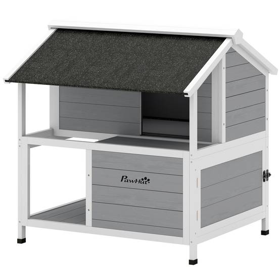 ComfortXL - Maison pour chat extérieur en sapin gris 80 x 93,2 x 95,2 cm isolée avec toit ouvrant pour chats jusqu’à 5 kg - Image 2