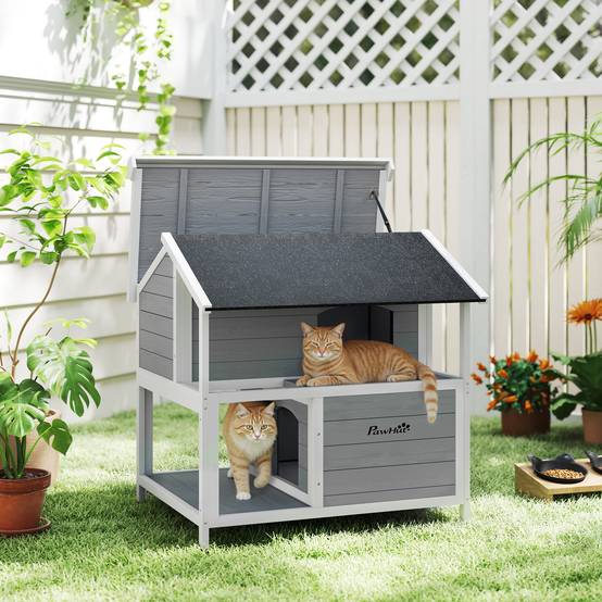 ComfortXL - Maison pour chat extérieur en sapin gris 80 x 93,2 x 95,2 cm isolée avec toit ouvrant pour chats jusqu’à 5 kg - Image 1