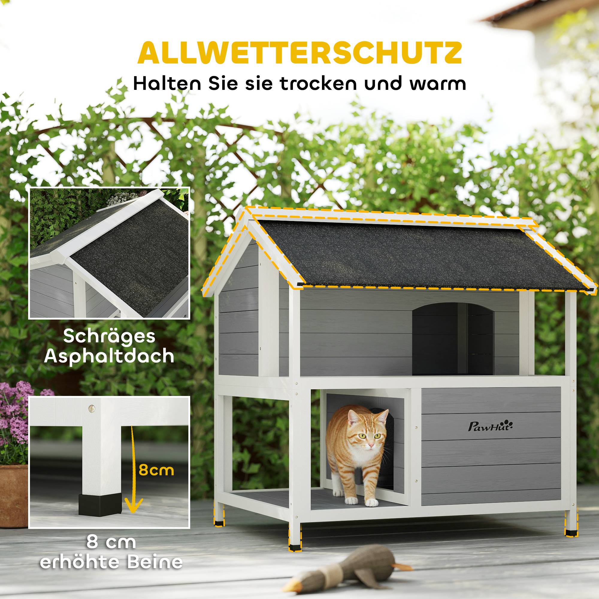 ComfortXL - Maison pour chat extérieur en sapin gris 80 x 93,2 x 95,2 cm isolée avec toit ouvrant pour chats jusqu’à 5 kg - Image 6