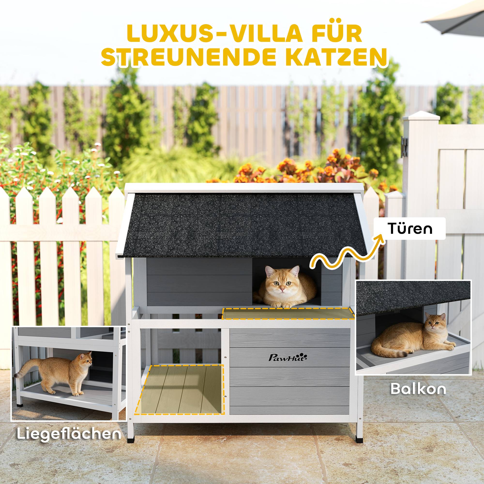ComfortXL - Maison pour chat extérieur en sapin gris 80 x 93,2 x 95,2 cm isolée avec toit ouvrant pour chats jusqu’à 5 kg - Image 5