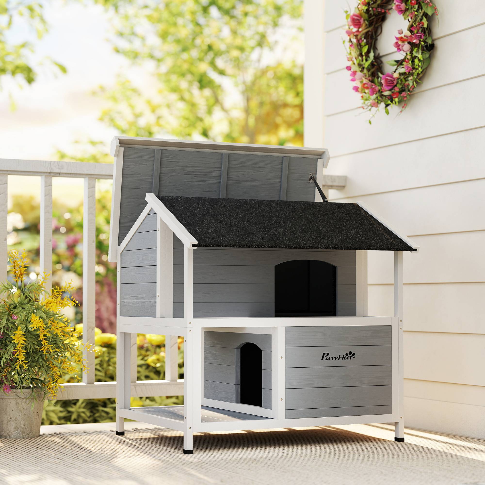 ComfortXL - Maison pour chat extérieur en sapin gris 80 x 93,2 x 95,2 cm isolée avec toit ouvrant pour chats jusqu’à 5 kg - Image 8