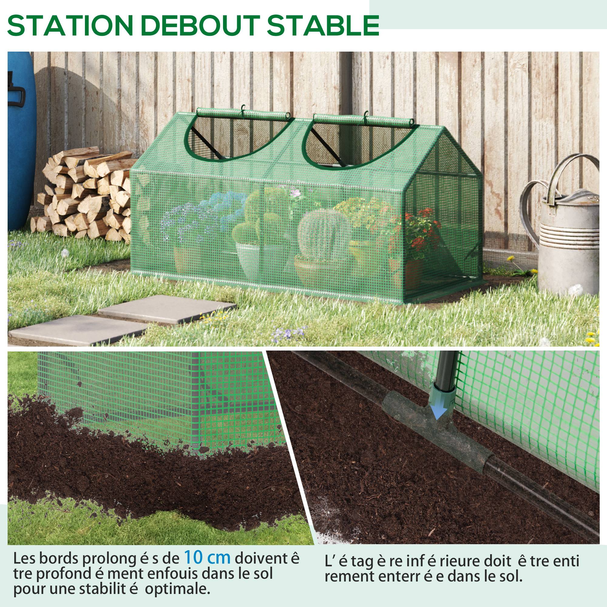 Serre de jardin mini serre 2 fenêtres enroulables couverture en PE haute densité 140 g/m² 120 x 60 x 60 cm vert foncé - Image 9