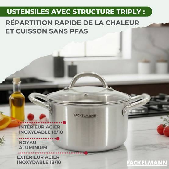 Batterie de cuisine avec 1 poêle de cuisson 20 cm 2 casseroles 14/18 cm et 2 faitouts 20/24 cm sans PFAS Fackelmann Vita3 - Image 5