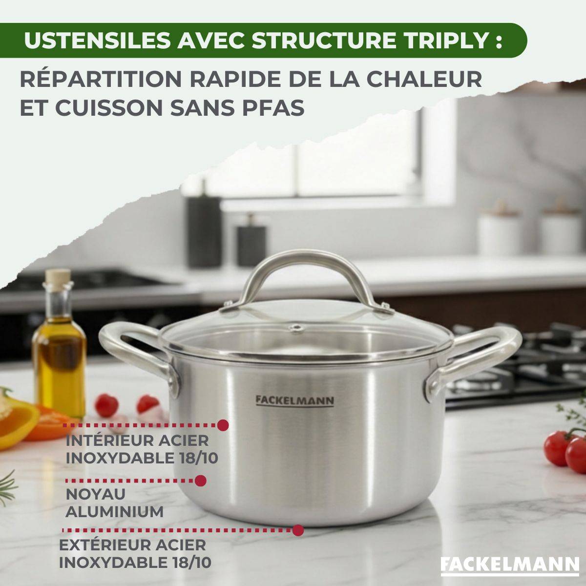 Batterie de cuisine avec 1 poêle de cuisson 20 cm 2 casseroles 14/18 cm et 2 faitouts 20/24 cm sans PFAS Fackelmann Vita3 - Image 5