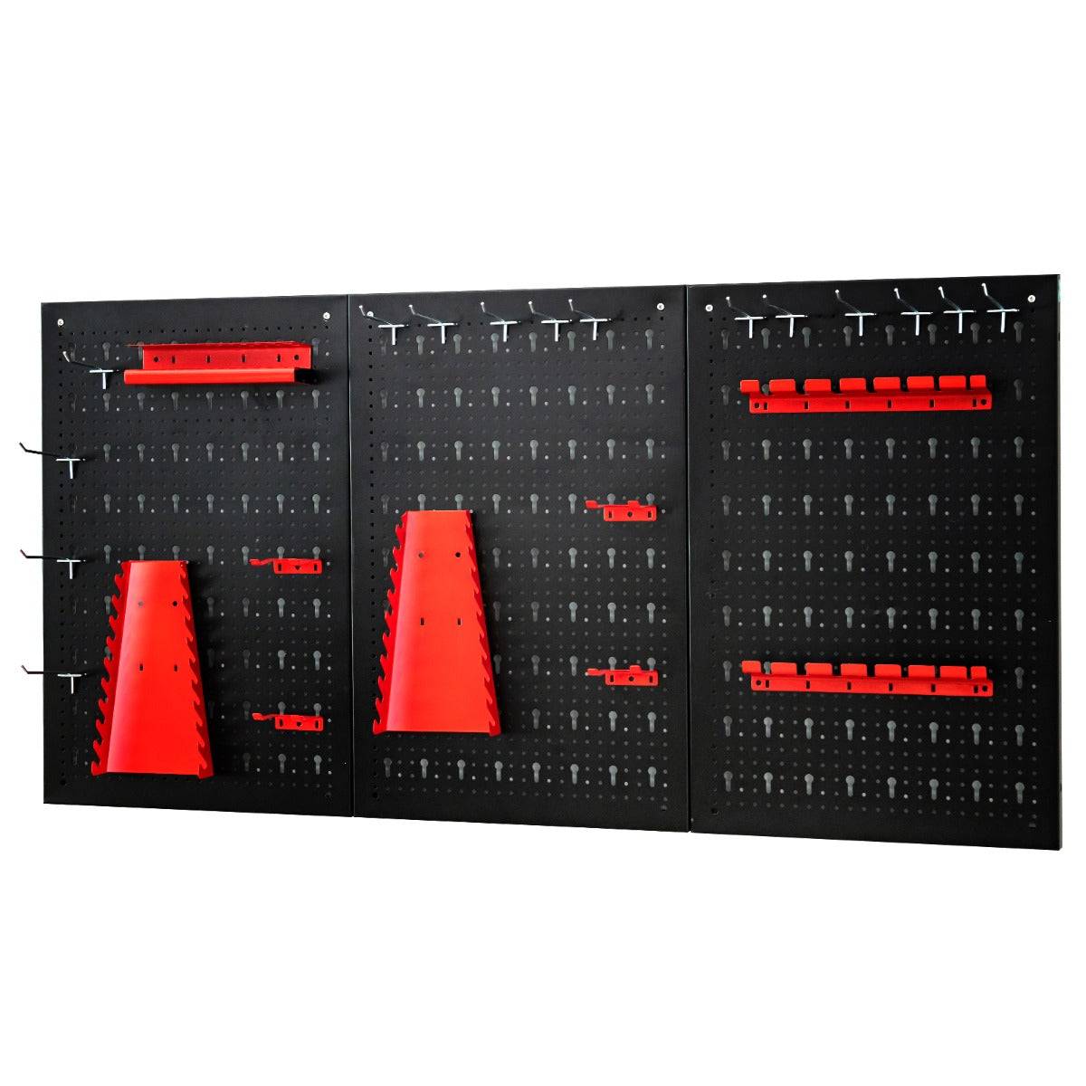 Helloshop26 - Kit de rangement d'outils en métal avec 3 panneaux perforés 25 accessoires de suspension pour garage atelier entrepôt noir rouge - Imagen 1