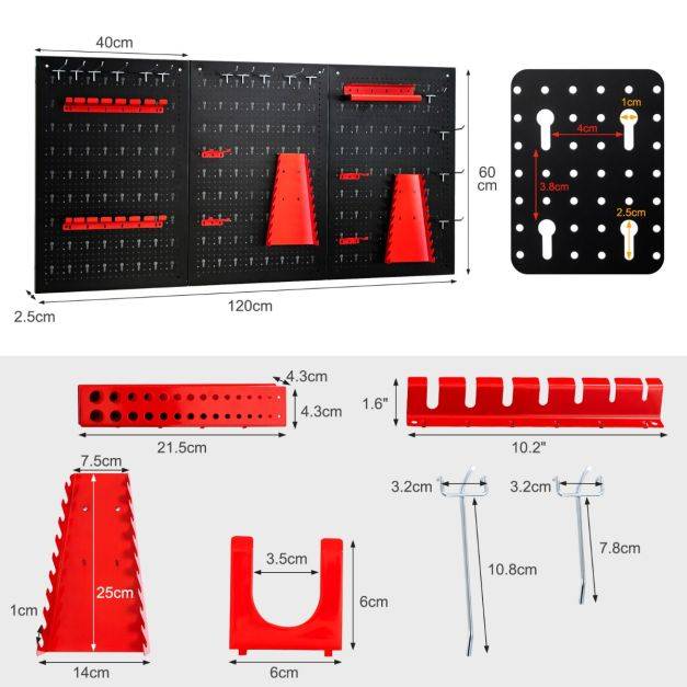 Helloshop26 - Kit de rangement d'outils en métal avec 3 panneaux perforés 25 accessoires de suspension pour garage atelier entrepôt noir rouge - Imagen 5