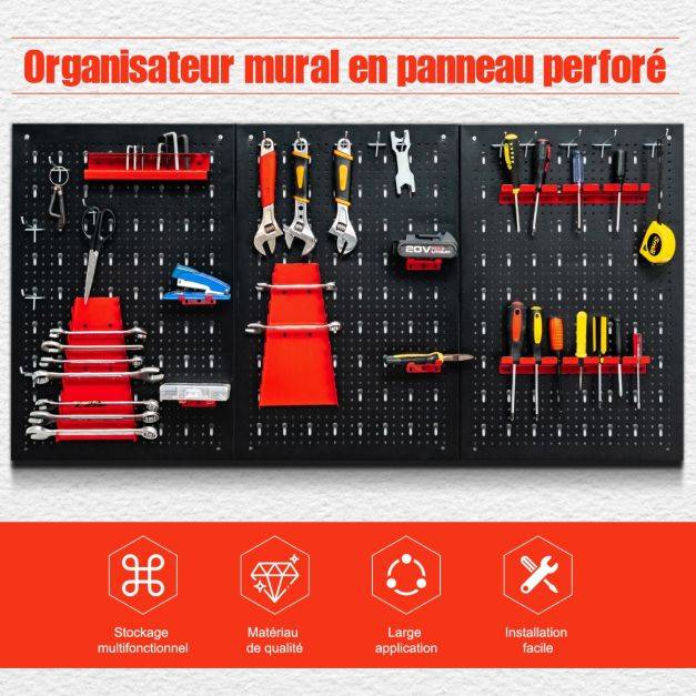 Helloshop26 - Kit de rangement d'outils en métal avec 3 panneaux perforés 25 accessoires de suspension pour garage atelier entrepôt noir rouge - Imagen 4