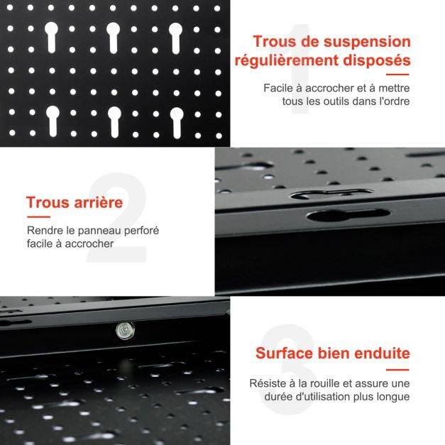Helloshop26 - Kit de rangement d'outils en métal avec 3 panneaux perforés 25 accessoires de suspension pour garage atelier entrepôt noir rouge - Imagen 2