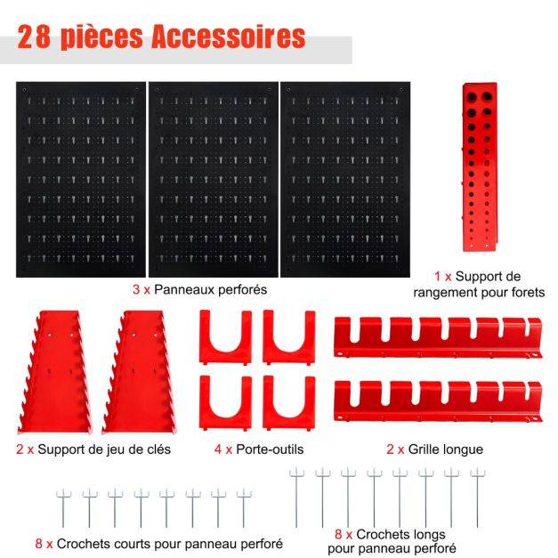 Helloshop26 - Kit de rangement d'outils en métal avec 3 panneaux perforés 25 accessoires de suspension pour garage atelier entrepôt noir rouge - Imagen 3
