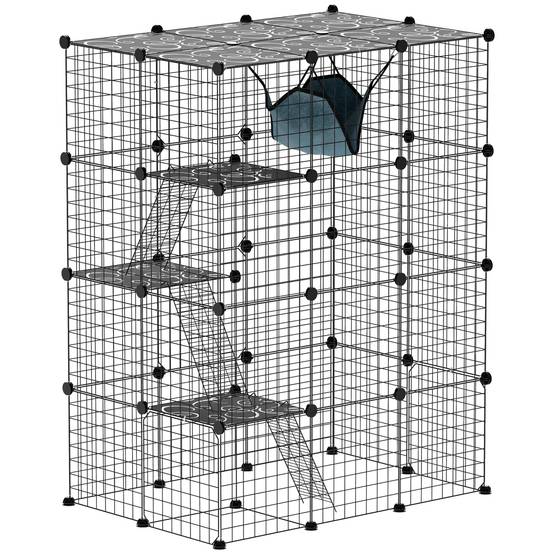 Sans Marque - Cage pour chat d'intérieur parc pour chat en acier à 4 niveaux DIY avec 5 portes hamac 1-3 chats 105 x 70 x 140 cm noir - Image 2
