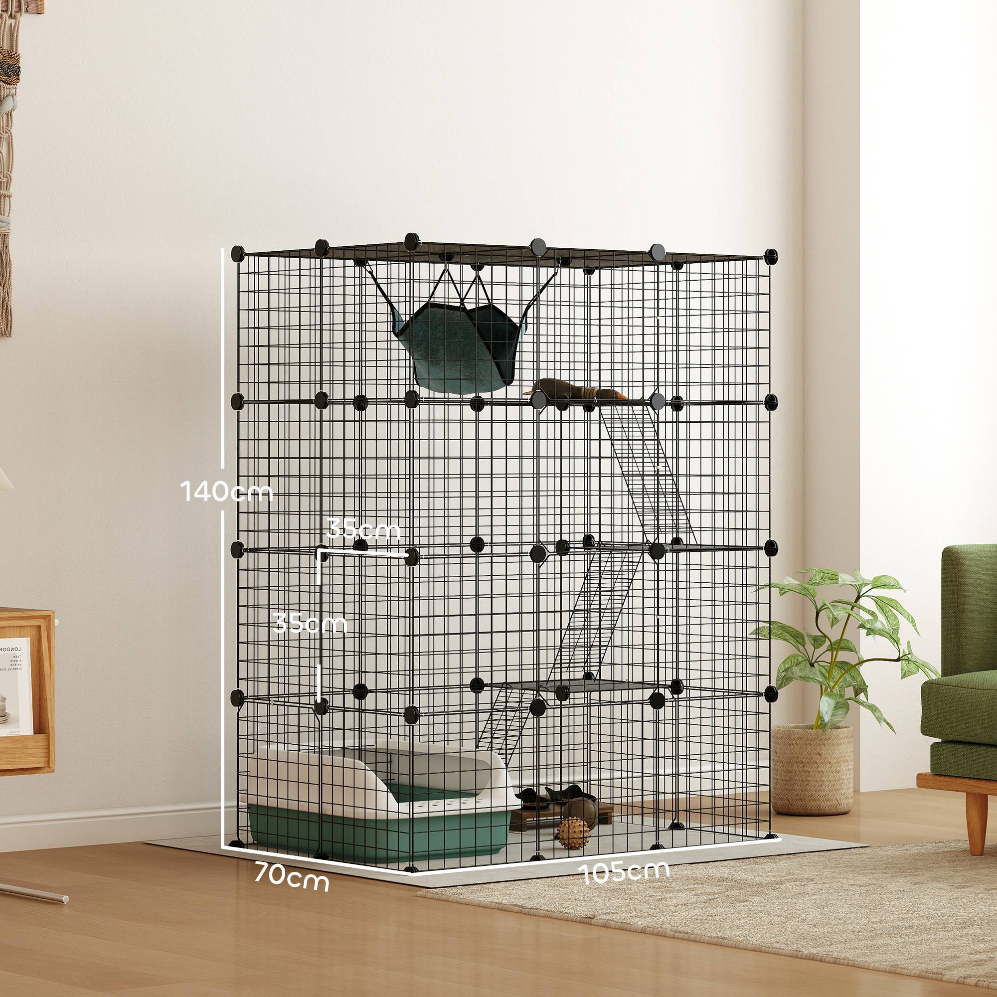 Sans Marque - Cage pour chat d'intérieur parc pour chat en acier à 4 niveaux DIY avec 5 portes hamac 1-3 chats 105 x 70 x 140 cm noir - Image 5