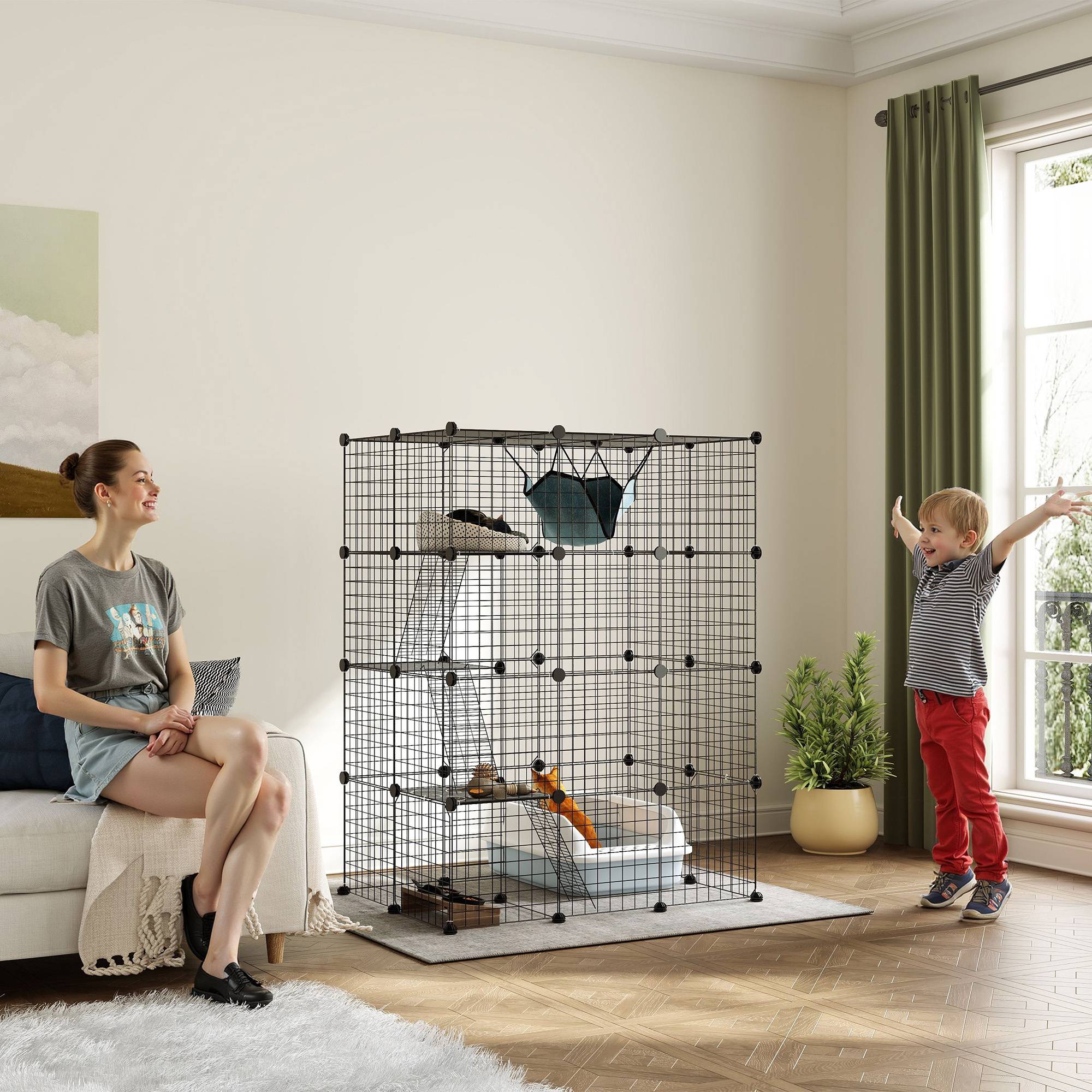 Sans Marque - Cage pour chat d'intérieur parc pour chat en acier à 4 niveaux DIY avec 5 portes hamac 1-3 chats 105 x 70 x 140 cm noir - Image 4