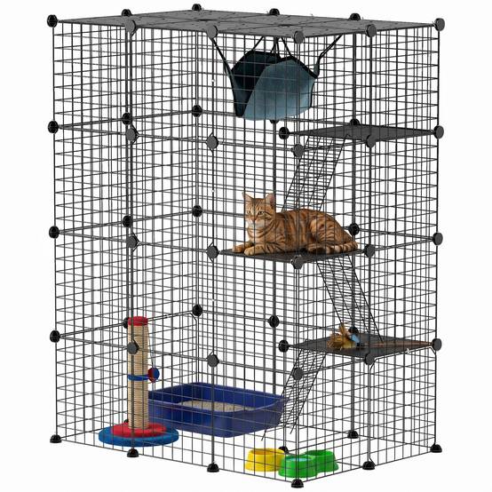 Sans Marque - Cage pour chat d'intérieur parc pour chat en acier à 4 niveaux DIY avec 5 portes hamac 1-3 chats 105 x 70 x 140 cm noir - Image 1