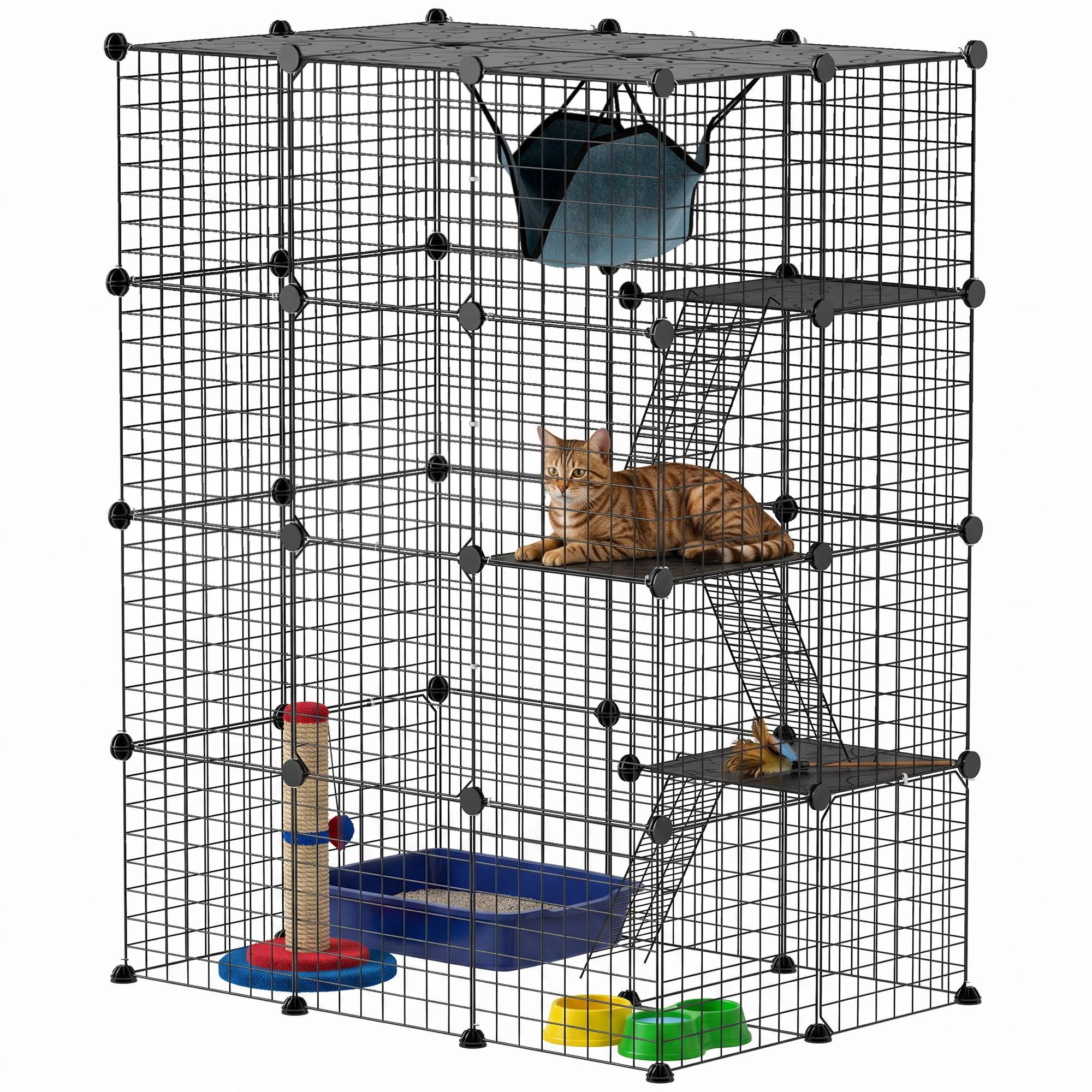 Sans Marque - Cage pour chat d'intérieur parc pour chat en acier à 4 niveaux DIY avec 5 portes hamac 1-3 chats 105 x 70 x 140 cm noir - Image 1