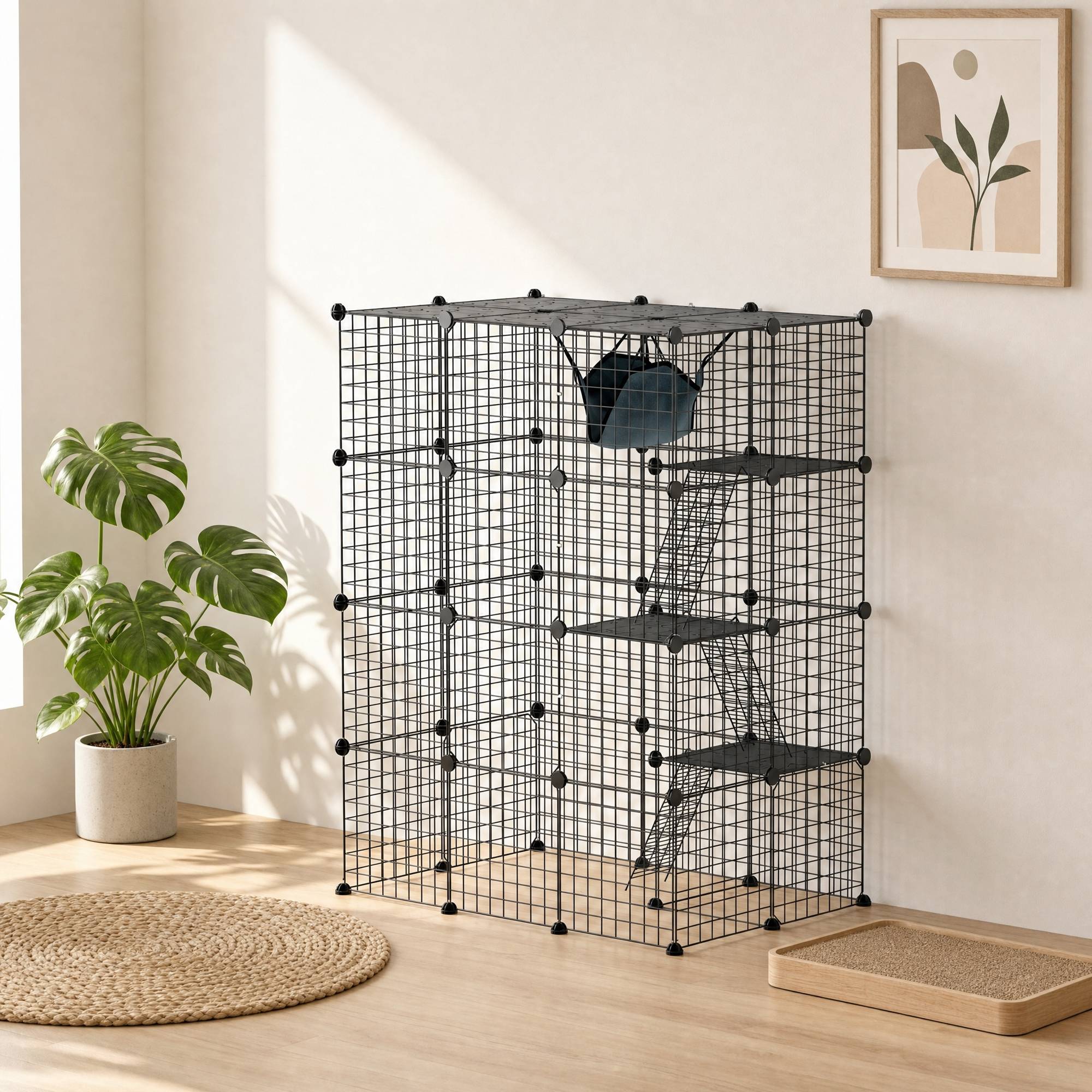 Sans Marque - Cage pour chat d'intérieur parc pour chat en acier à 4 niveaux DIY avec 5 portes hamac 1-3 chats 105 x 70 x 140 cm noir - Image 10