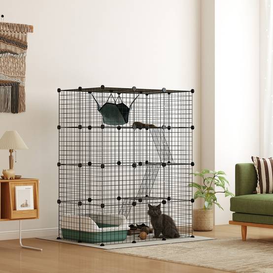 Sans Marque - Cage pour chat d'intérieur parc pour chat en acier à 4 niveaux DIY avec 5 portes hamac 1-3 chats 105 x 70 x 140 cm noir - Image 3