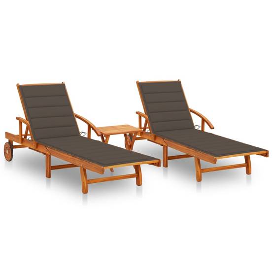 Lot de 2 Bain de soleil - Transats - Chaises longues avec table et coussins Acacia solide - MEUBLE PRO - Image 2