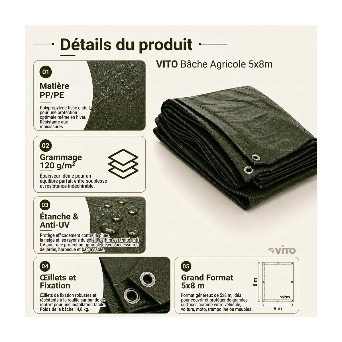 Vito - Bâche de protection 5 x 8 m Verte Etanche Protection Anti UV VITO - Imagen 7