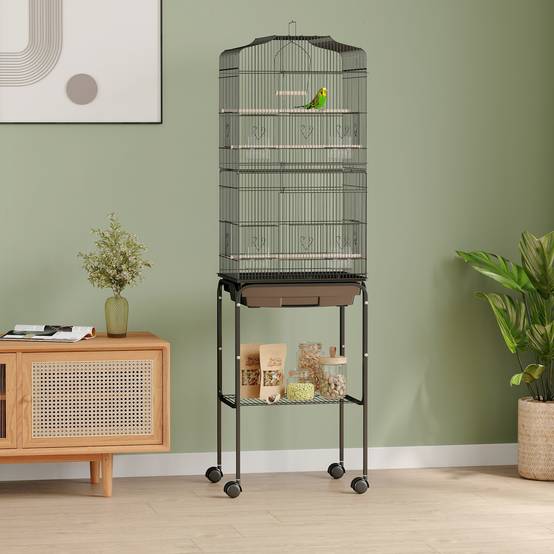 Cage à oiseaux sur pied volière oiseaux sur roulettes toit ouvrant 3 perchoirs étagère inférieure 46,5x36x157cm noir - Image 4