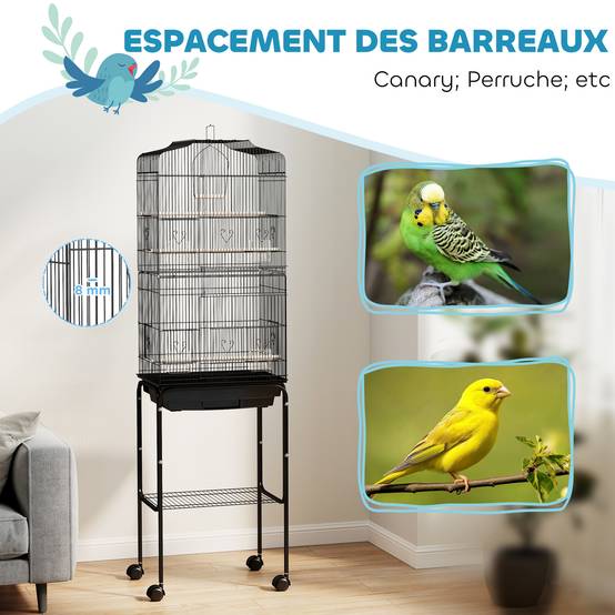 Cage à oiseaux sur pied volière oiseaux sur roulettes toit ouvrant 3 perchoirs étagère inférieure 46,5x36x157cm noir - Image 8