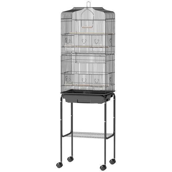 Cage à oiseaux sur pied volière oiseaux sur roulettes toit ouvrant 3 perchoirs étagère inférieure 46,5x36x157cm noir - Image 2