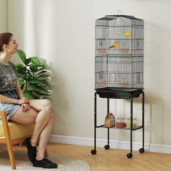 Cage à oiseaux sur pied volière oiseaux sur roulettes toit ouvrant 3 perchoirs étagère inférieure 46,5x36x157cm noir - Image 3
