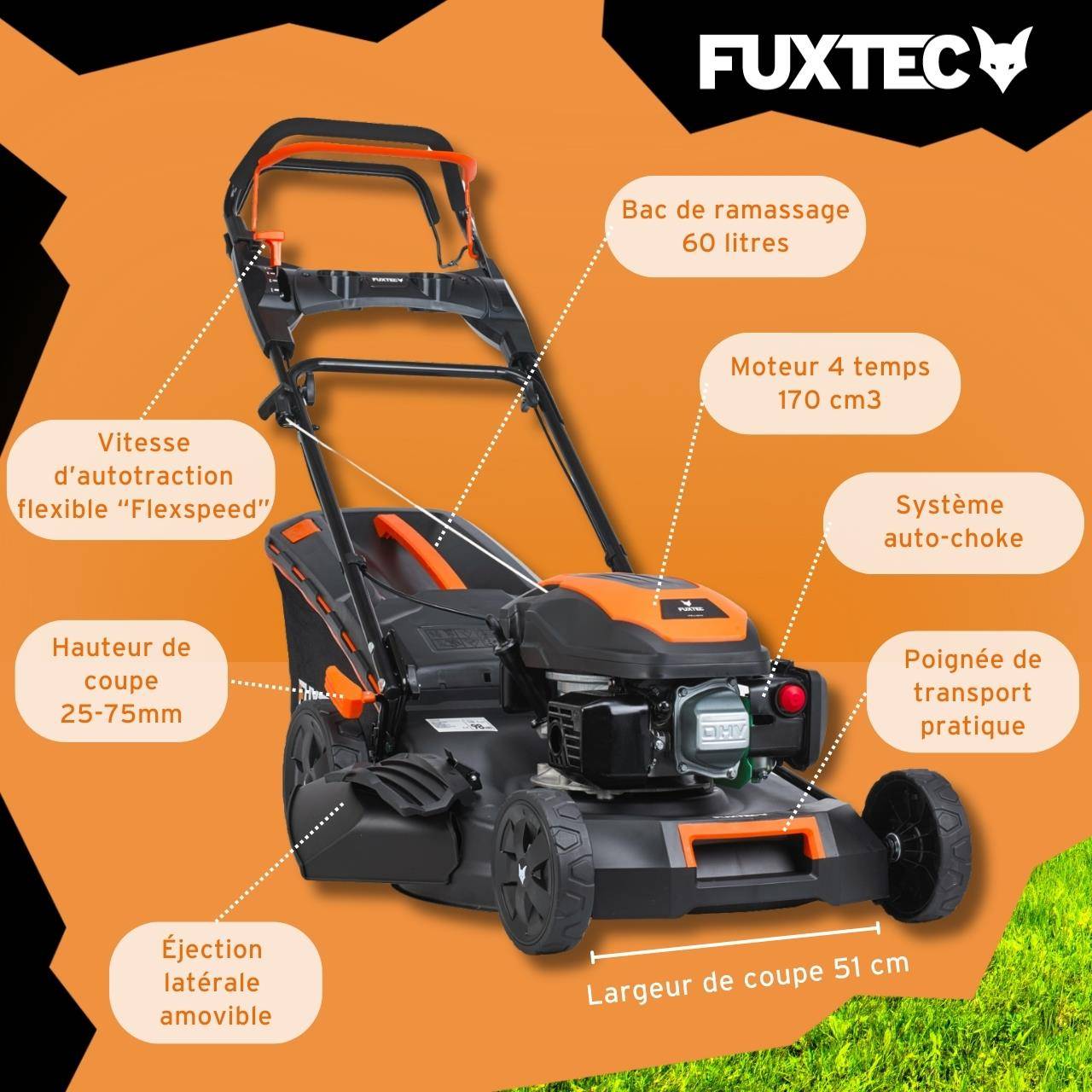 FUXTEC - Tondeuse thermique autotractée 51 cm, 170 cm³, 60 L Easy Clean – FX-RM5170PRO – FUXTEC - Image 6
