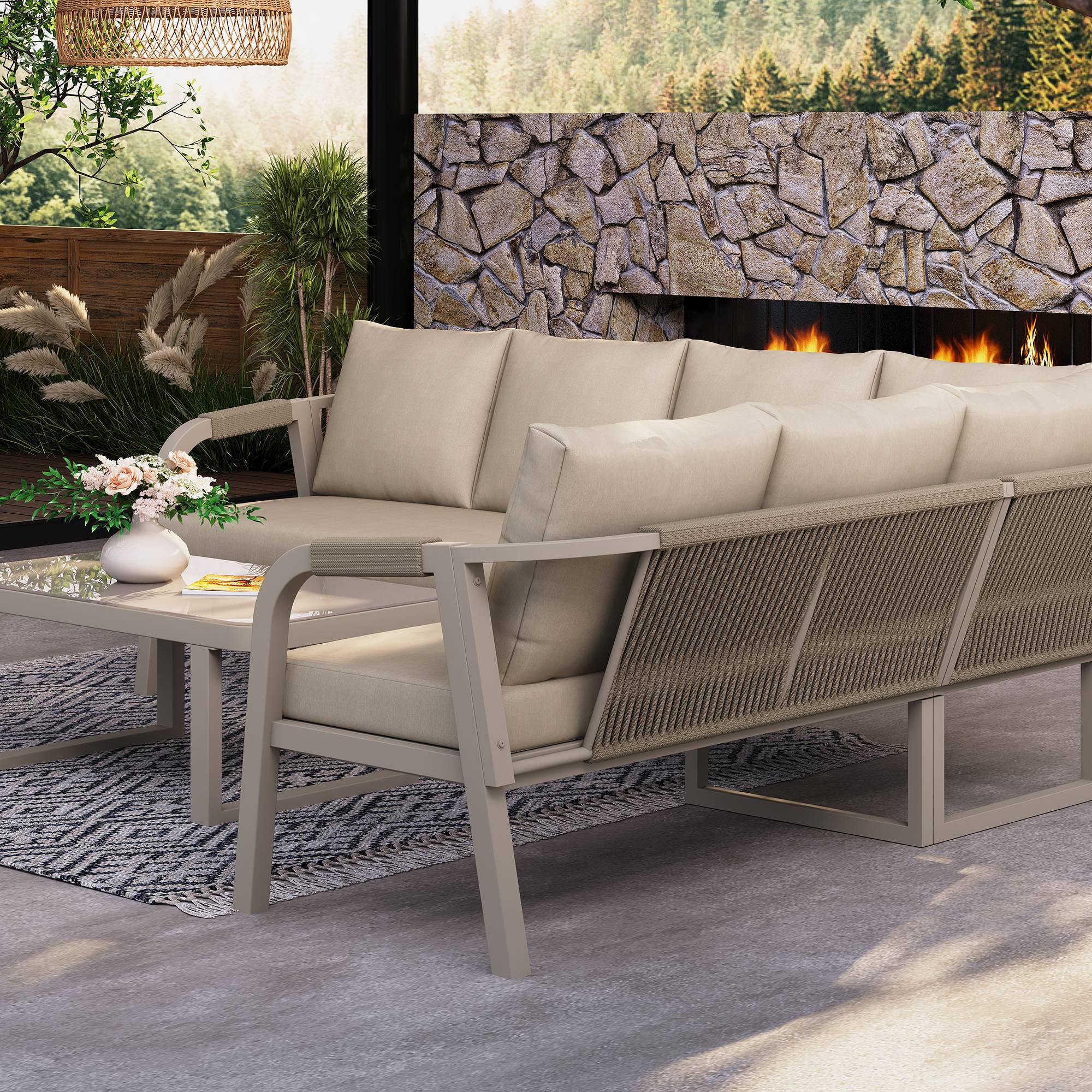 Salon jardin angle 6 places : accoudoirs tressés, acier galvanisé, canapé + table basse, beige - Image 5