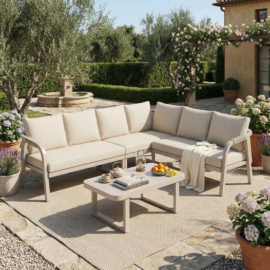 Salon jardin angle 6 places : accoudoirs tressés, acier galvanisé, canapé + table basse, beige - Image 2