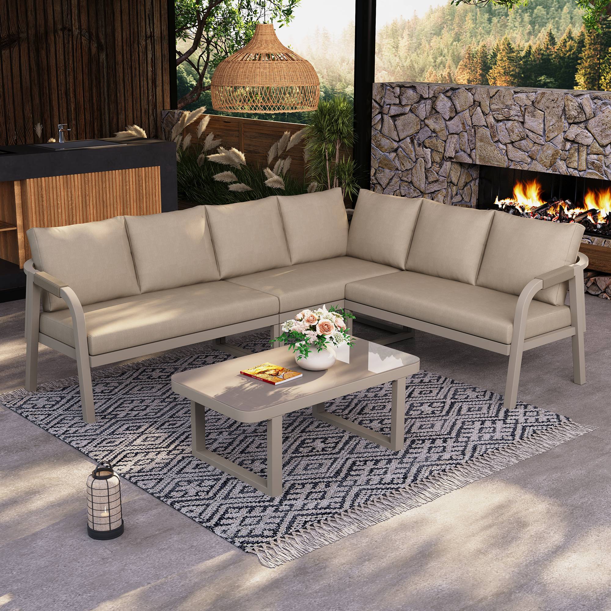 Salon jardin angle 6 places : accoudoirs tressés, acier galvanisé, canapé + table basse, beige - Image 3