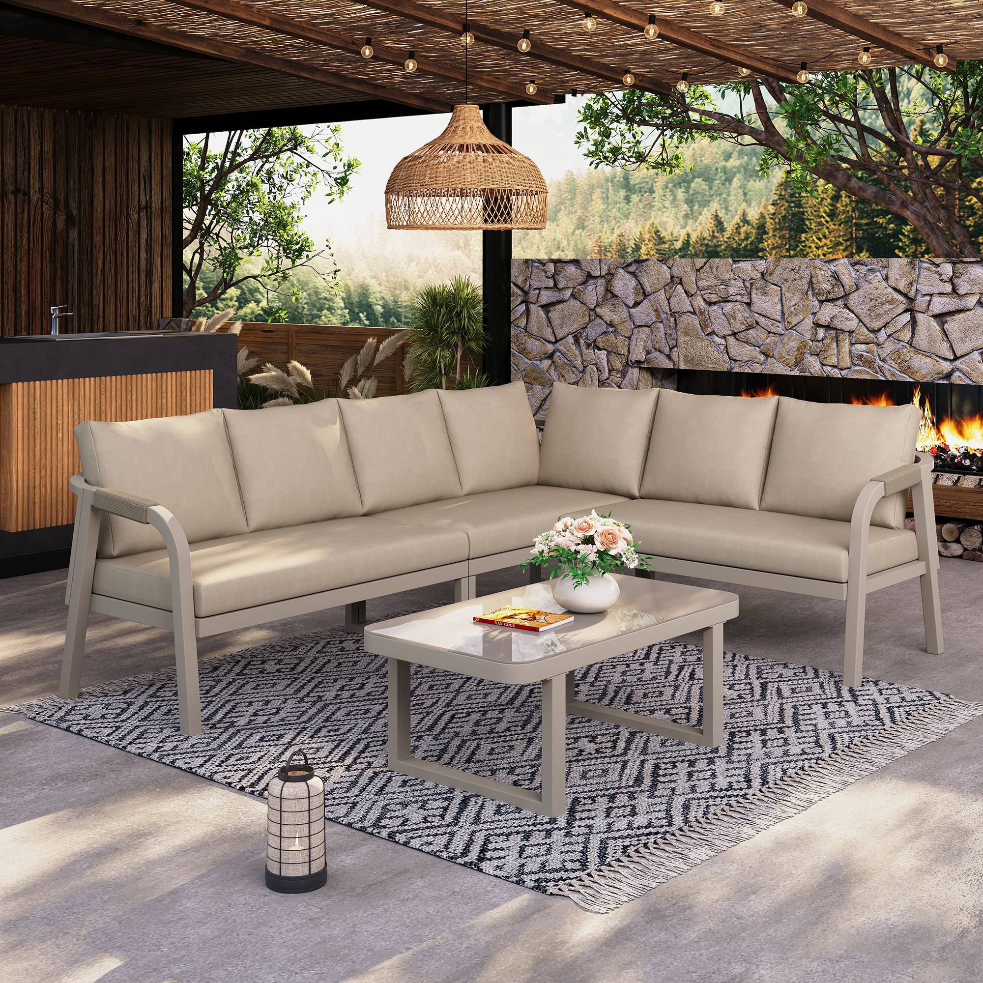 Salon jardin angle 6 places : accoudoirs tressés, acier galvanisé, canapé + table basse, beige - Image 4