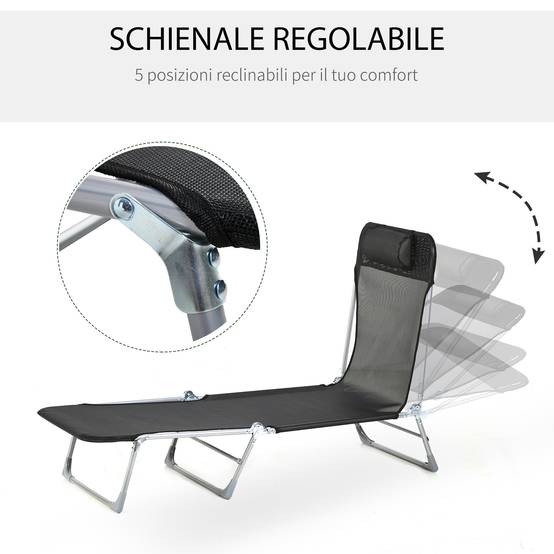 Chaise longue de jardin pliante avec dossier inclinable et coussin, en métal et textilène, 182 x 56 x 28 cm, noire - Image 6