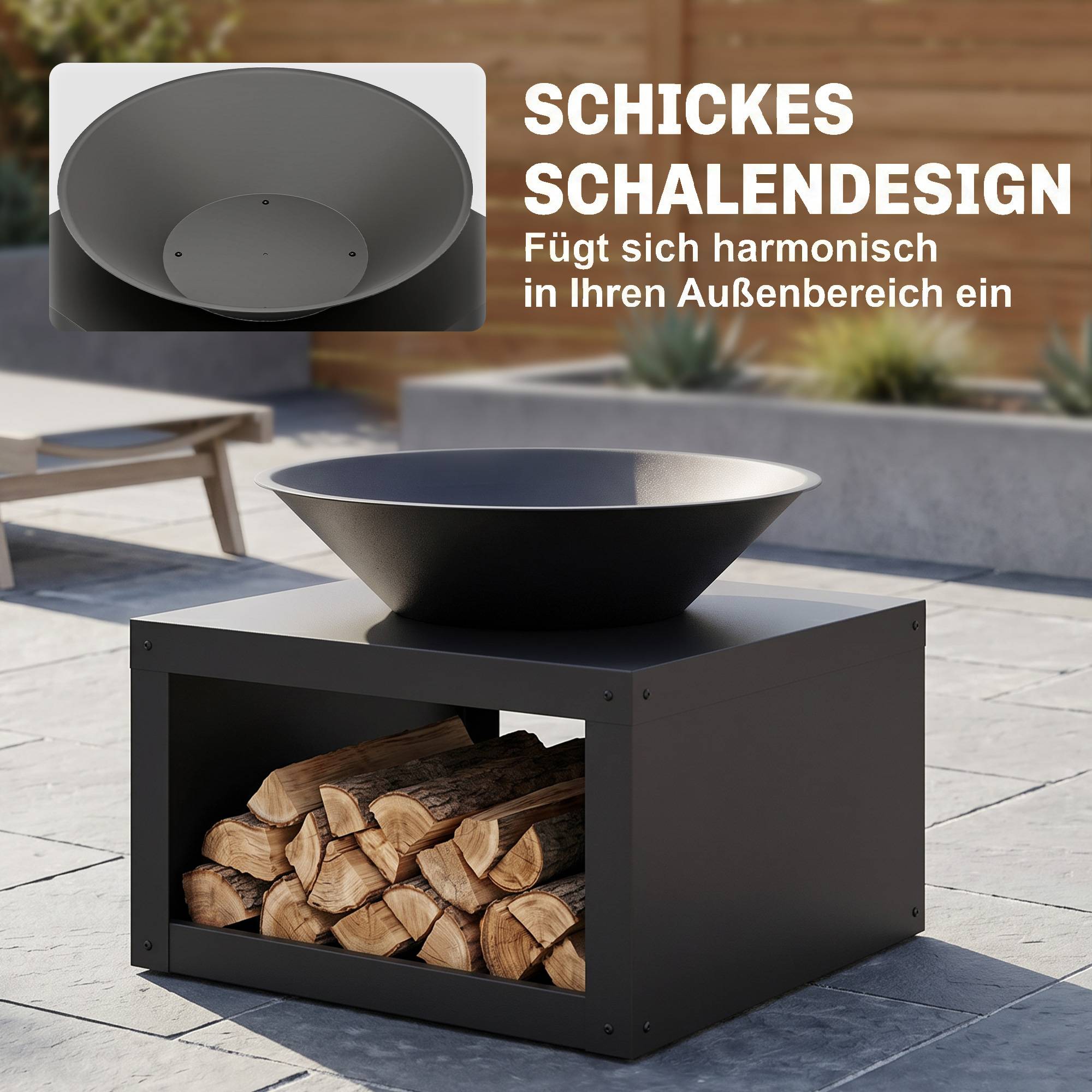 ComfortXL - Brasero extérieur métal noir Ø59 cm jardin terrasse avec range-bûches et tisonnier pour bois ou charbon - Image 5