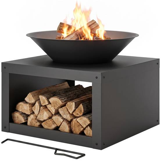ComfortXL - Brasero extérieur métal noir Ø59 cm jardin terrasse avec range-bûches et tisonnier pour bois ou charbon - Image 2